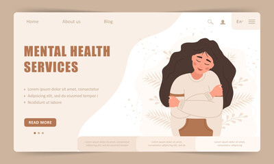 Mental health service. Landing page template. Happy woman hugging herself. Smiling teenager enjoys her freedom. Vector illustration in flat cartoon style.