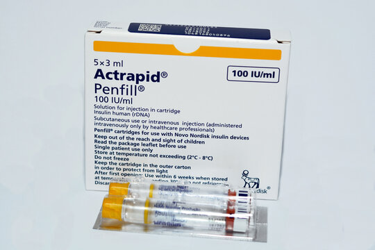 Cairo, Egypt, July 25 2021, Actrapid human insulin rDNA penfill 100 IU solution for subcutaneous or intravenous injection in cartridge for use with Novo Nordisk devices used in diabetic patients