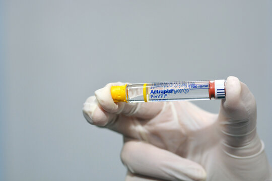 Cairo, Egypt, July 25 2021, Actrapid human insulin rDNA penfill 100 IU solution for subcutaneous or intravenous injection in cartridge for use with Novo Nordisk devices used in diabetic patients