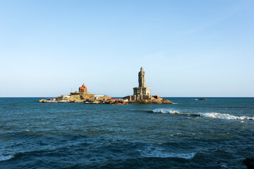 Fototapeta premium Vivekananda rock memorial AND Thiruvalluvar statue near sea at Kanyakumari Tamilnadu South India