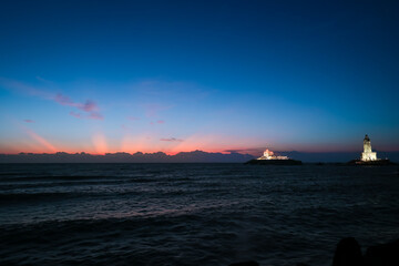 Vivekananda rock memorial AND Thiruvalluvar statue near sea at Kanyakumari Tamilnadu South India