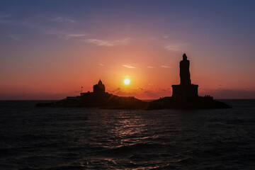 Fototapeta premium Vivekananda rock memorial AND Thiruvalluvar statue near sea at Kanyakumari Tamilnadu South India