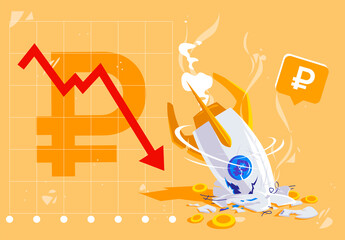 vector illustration of a crashed rocket, the concept of a fall in the value of the ruble with a red down arrow on the graph
