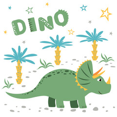 Naklejka premium Vector illustration with green dinosaur, stars, text and trees. Children's card in flat style.