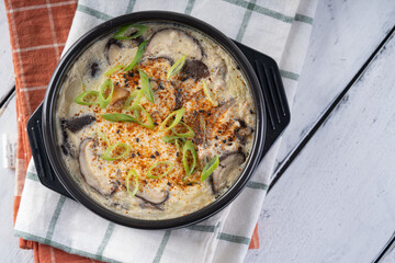 Korean steamed egg with shitake mushroom, seafood meat and onion leaks