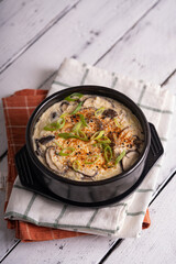 Korean steamed egg with shitake mushroom, seafood meat and onion leaks