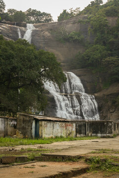Coutrallam Water Falls From South Tamil Nadu on rocks in  Western Ghats Tenkasi Tamilnadu India. Water falls of Coutrallam have medicinal value.