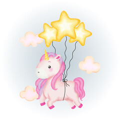 Cute unicorn flying with star shaped balloons. Watercolor style nursery design