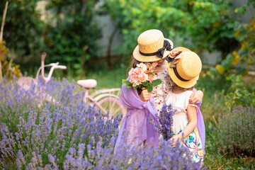 Romantic portrait o charming sisters in straw hats