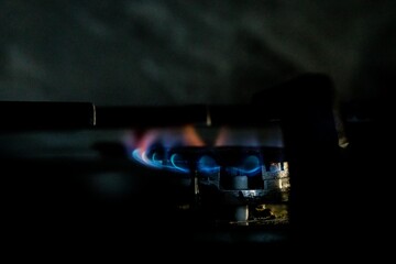 burning gas burner, blue flame of household gas appliances