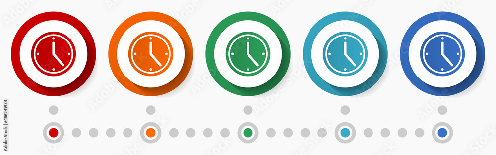Poster clock, watch, time concept vector icon set, flat design colorful buttons, infographic template in 5 
