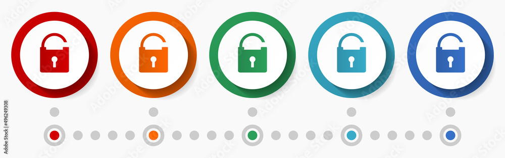 Aufkleber Padlock, security concept vector icon set, flat design colorful buttons, infographic template in 5 color options