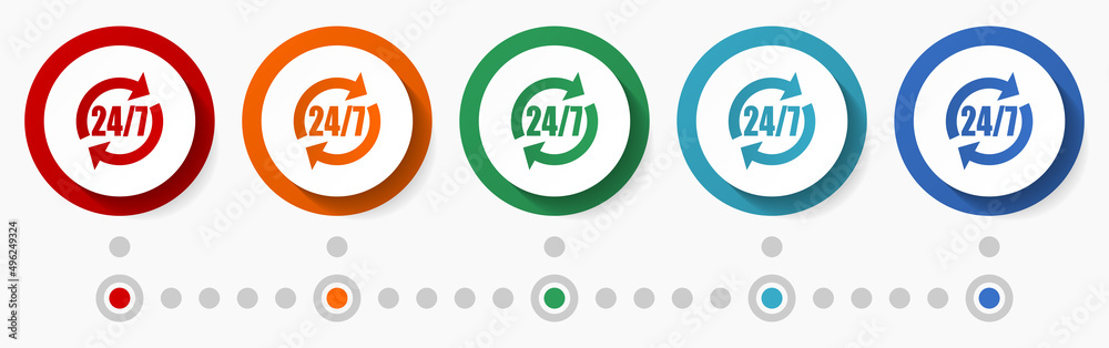 Poster 24 for 7 service concept vector icon set, flat design colorful buttons, infographic template in 5 color options