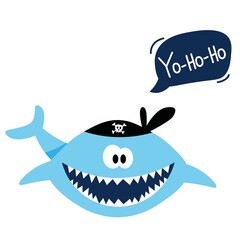 Cute pirate shark in a hat with a pirate quote in a speech bubble on a white background. Handdrawn vector illustration. Scandinavian style design. 