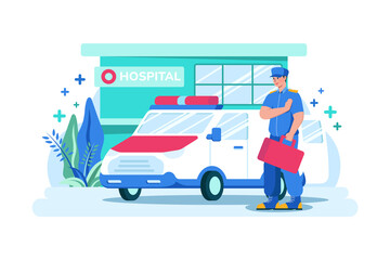 Ambulance parked in front of Hospital building Illustration concept. Flat illustration isolated on white background.