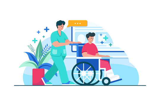 Nurse pushing wheelchair of patient Illustration concept. Flat illustration isolated on white background.
