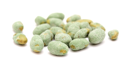 edamame beans coated in wasabi and salt snack, isolated on white background
