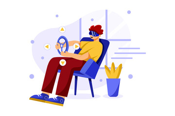Boy Playing The Racing Game Using VR Illustration concept. Flat illustration isolated on white background.