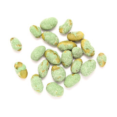 edamame beans coated in wasabi and salt snack, isolated on white background
