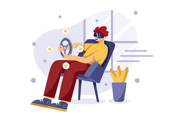 Boy Playing The Racing Game Using VR Illustration concept. Flat illustration isolated on white background.