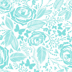 Seamless vector illustration vintage pattern with bouquet of blue flowers and butterflies on a white background. Peonies, roses, sweet peas, bell. Monochrome.