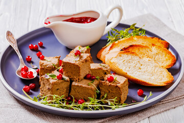 liver pate cubes on plate with toast and berries