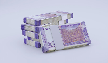 Indian Rupee 100 INR Currency Note Bundles - 3D Illustration - obrazy, fototapety, plakaty