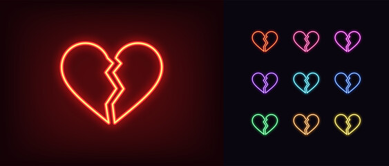 Outline neon broken heart icon. Glowing neon heart with crack, heartbreak pictogram. Lost love and passion