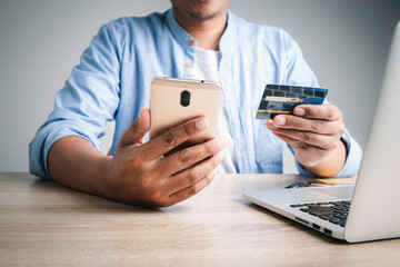 Online credit card payment for purchases from online stores and online shopping ,transfer money, Credit card close up shot