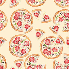 pattern hand drawn watercolor pizza on white