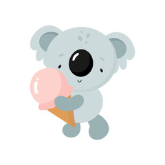 Cute Koala with ice cream. Cartoon style. Vector illustration. For kids stuff, card, posters, banners, children books, printing on the pack, printing on clothes, fabric, wallpaper, textile or dishes.
