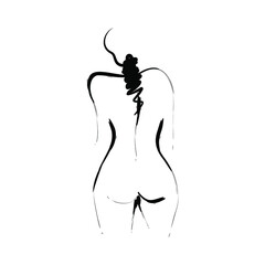  Back view of female body with minimalistic line sketch. Vector illustration