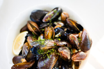 Delicious bulgarian food fresh mussels in restaurant