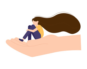 Fototapeta premium Cute young girl sitting on the palm. Support and assistance. Consultation and psychotherapy. Vector illustration
