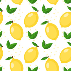 Cute yellow lemon with leaves and decorative elements. Seamless pattern. Can be used for wallpaper, fill web page background, surface textures