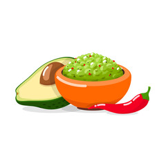 Guacamole icon. Illustration of traditional Mexican dip guacamole, avocado and pepper isolated on a white background. Vector 10 EPS.
