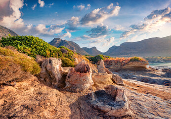 Exciting summer view of popular tourist destination - Geopark of Agios Nikolaos, also known as Petrified Forest. Spectacular morning scene of Peloponnese, Greece, Europe.