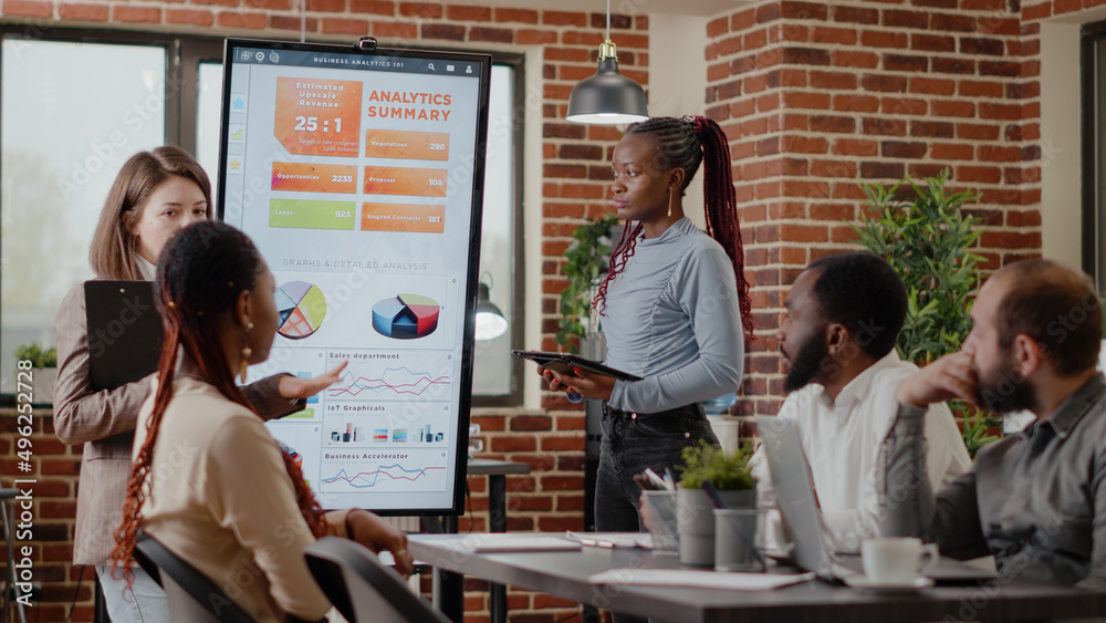 Wall mural Business people talking about business strategy and project, using analysis on monitor at financial presentation. Women talking to colleagues about company development and growth.