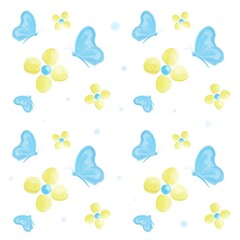 Watercolor flower pattern butterfly. Blue butterfly and yellow chamomiles. 