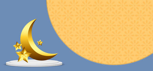 Obraz na płótnie Canvas Ramadan background with purple orange color, gold moon, star and white podium. Vector illustration