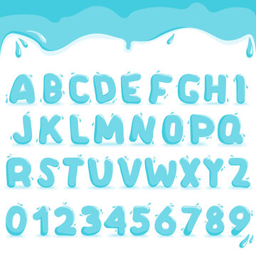Water font or type alphabet with liquid letters and numbers. Vector illustration