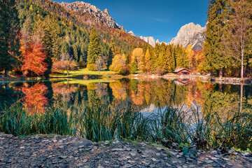 Amazing morning view of Welsperg lake. Exciting autumn scene of Tonadico, Province of Trento, Italy, Europe. Astonishing landscape of Dolomite Alps. Beauty of nature concept background.