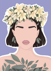 woman in a wreath of yellow flowers flat modern illustration for poster magazine cover book