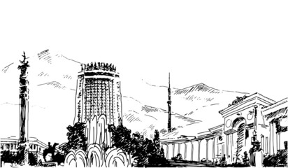 Panorama hand drawn illustration graphics of Almaty city Kazakhstan historical buildings. Vector