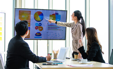 Asian professional successful businesswoman in formal suit standing showing presenting explaining report investment graph chart data from computer monitor in meeting room to business team colleagues