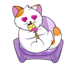 cat and ice cream, a white cat is sitting on the couch and eating ice cream, vector illustration