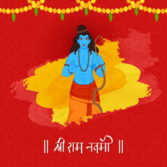 Shri Ram Navami (Lord Rama Birthday) Blessing Concept With Bow & Arrow, On Red and Yellow Mandala Pattern Background.