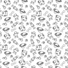 Space seamless pattern print design for kids with ccosmic galaxy texture and doodl rockets, tars, planets, spaceships.