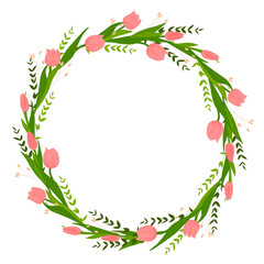 A wreath of red tulips. Vector stock illustration. Wreath, floral frame, watercolor flowers. Isolated on white background. Perfectly for greeting card designer.