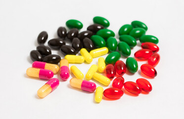 Medicinal capsules for female and male health, biodegradable supplements and vitamins for heart health and contraceptives isolated on white background, pills and medications